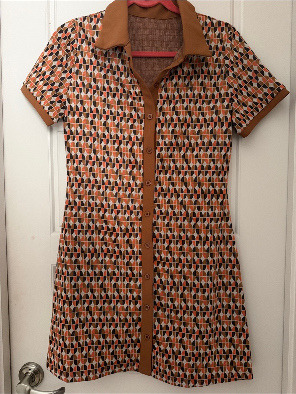 Amazon Retro Geometric Button-Front Mini Dress in Brown and Orange